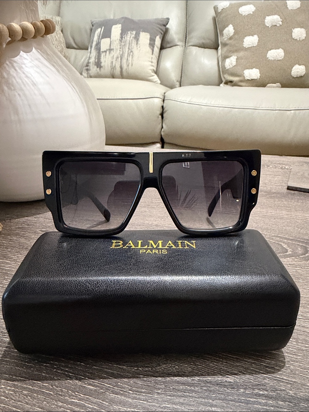 Balmain Paris B-1 Oversized Black Square Shield Sunglasses with Gold Accents